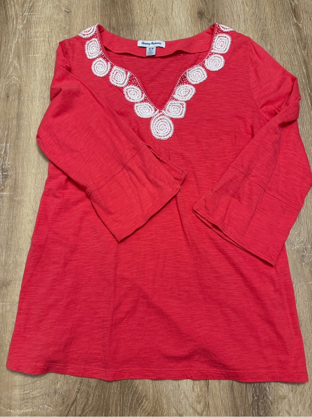 Tommy Bahama Bright Red V-Neck Tunic with White Embroidered Trim